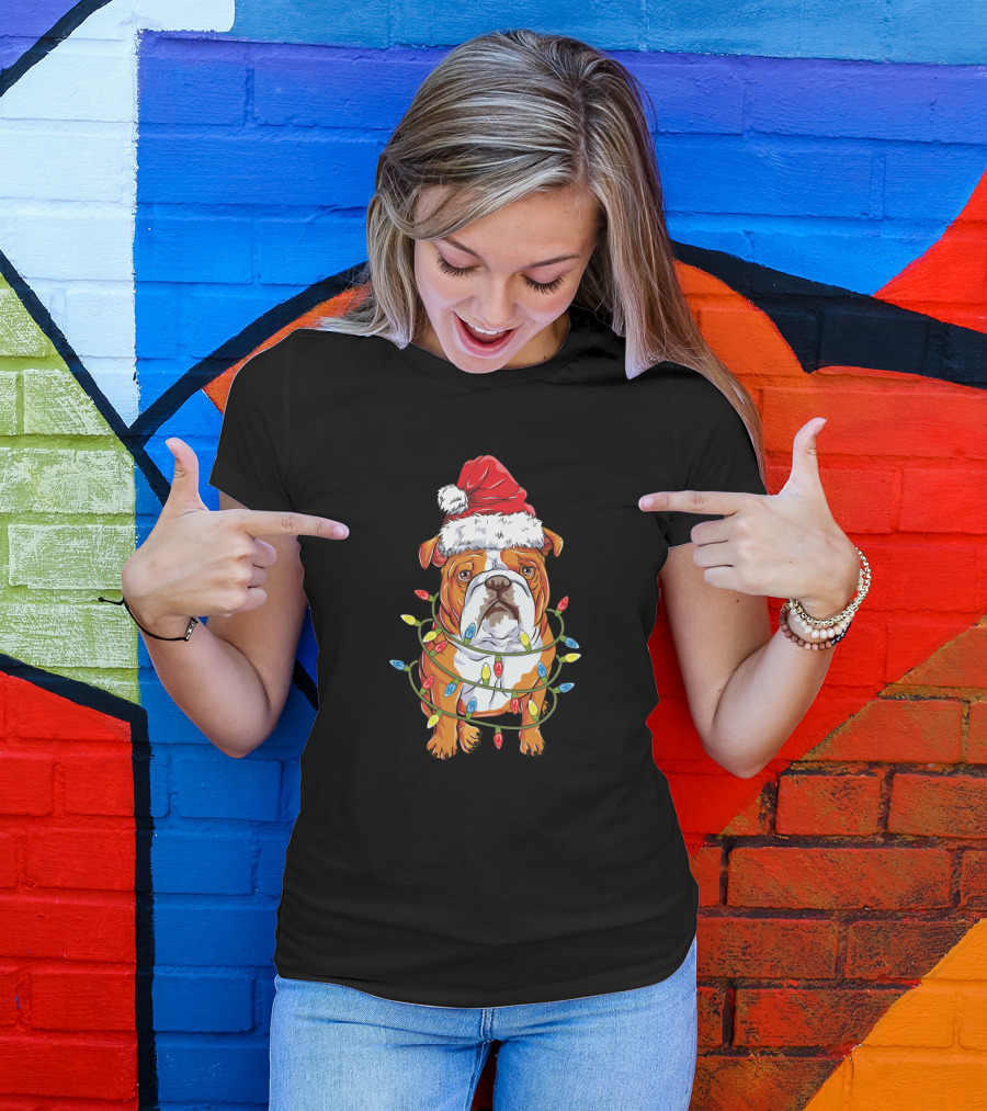 English Bulldog Christmas Santa Hat Festive Lights T-Shirt