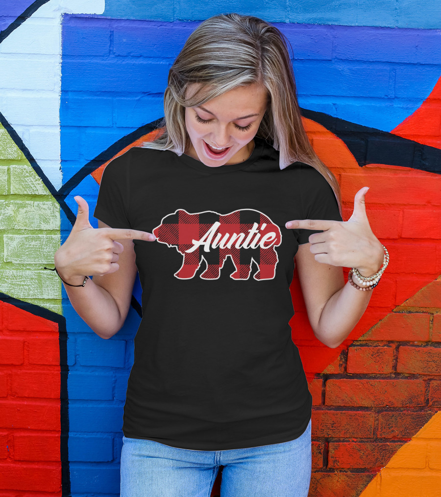 Family Christmas Matching Buffalo Plaid Bear Auntie T-Shirt