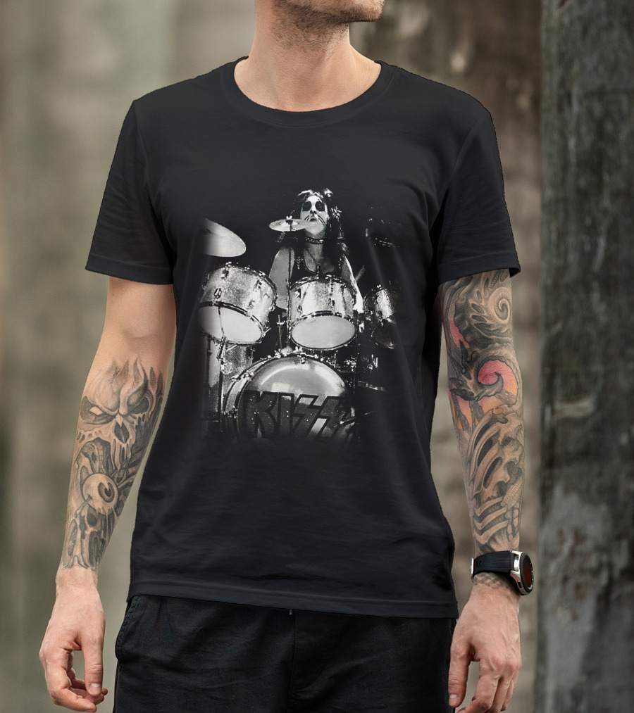 KISS Peter Criss Drummer Black And White Performance T-Shirt