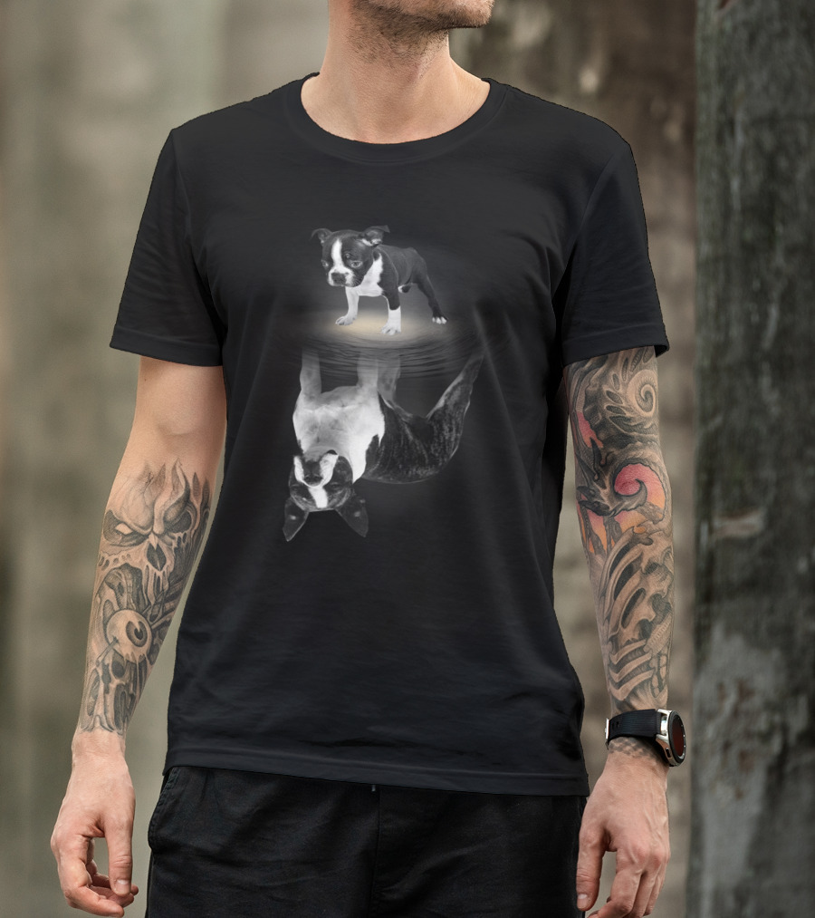 Bostie Mom Boston Terrier Reflections In Water With Puppy T-Shirt