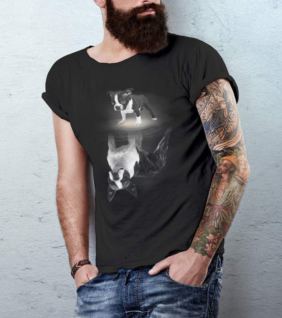 Bostie Mom Boston Terrier Reflections In Water With Puppy T-Shirt