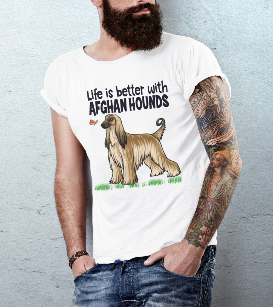 Life Is Better With Afghan Hounds Vintage Style Featuring Elegant Afghan Hound And Butterfly T-Shirt