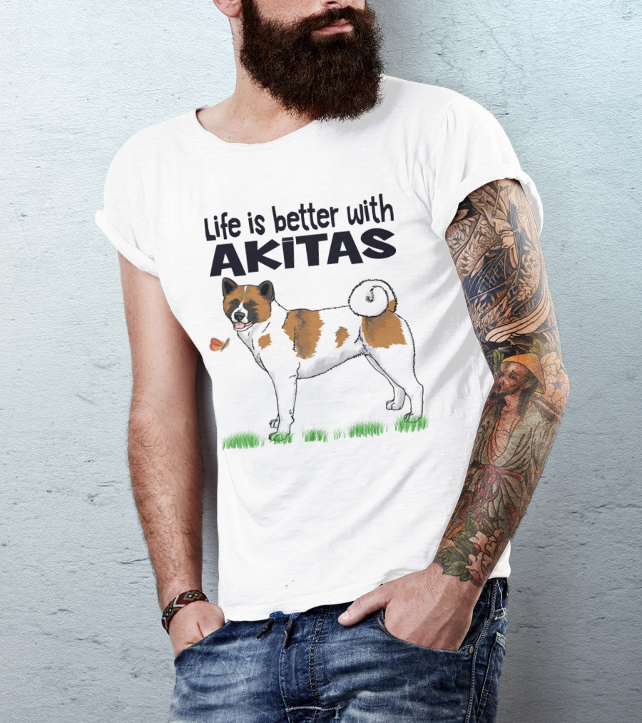 Life Is Better With Akitas Illustrated With Butterfly And Dog T-Shirt