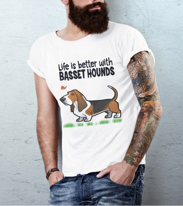 Life Is Better With Basset Hounds Butterfly And Dog Graphics On Grass T-Shirt