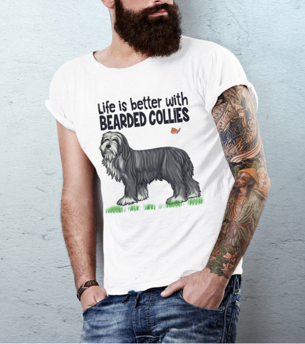 Life Is Better With Bearded Collies Illustration With Butterfly And Grass T-Shirt