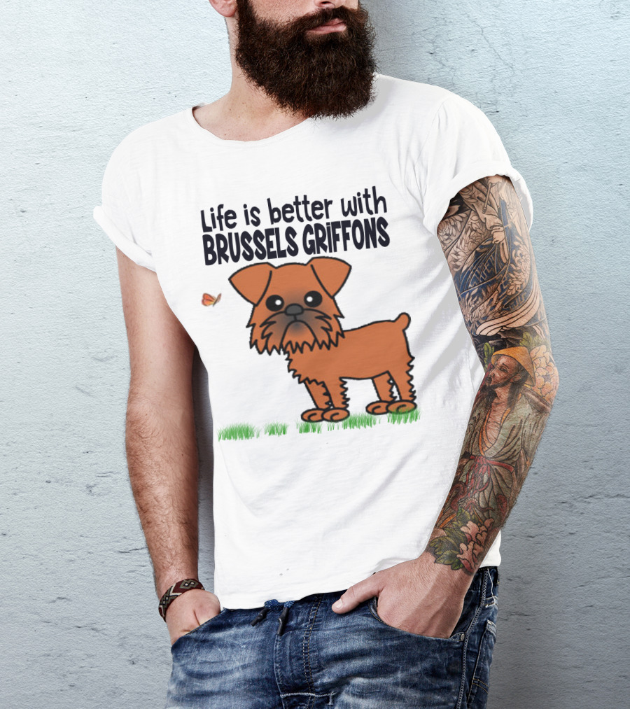 Life Is Better With Brussels Griffons Cartoon Dog And Butterfly T-Shirt