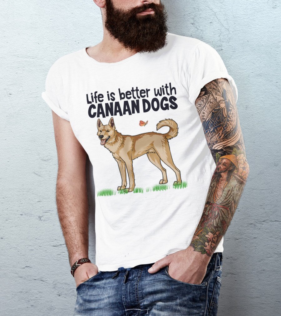 Life Is Better With Canaan Dogs Featuring Butterfly And Grass Details T-Shirt