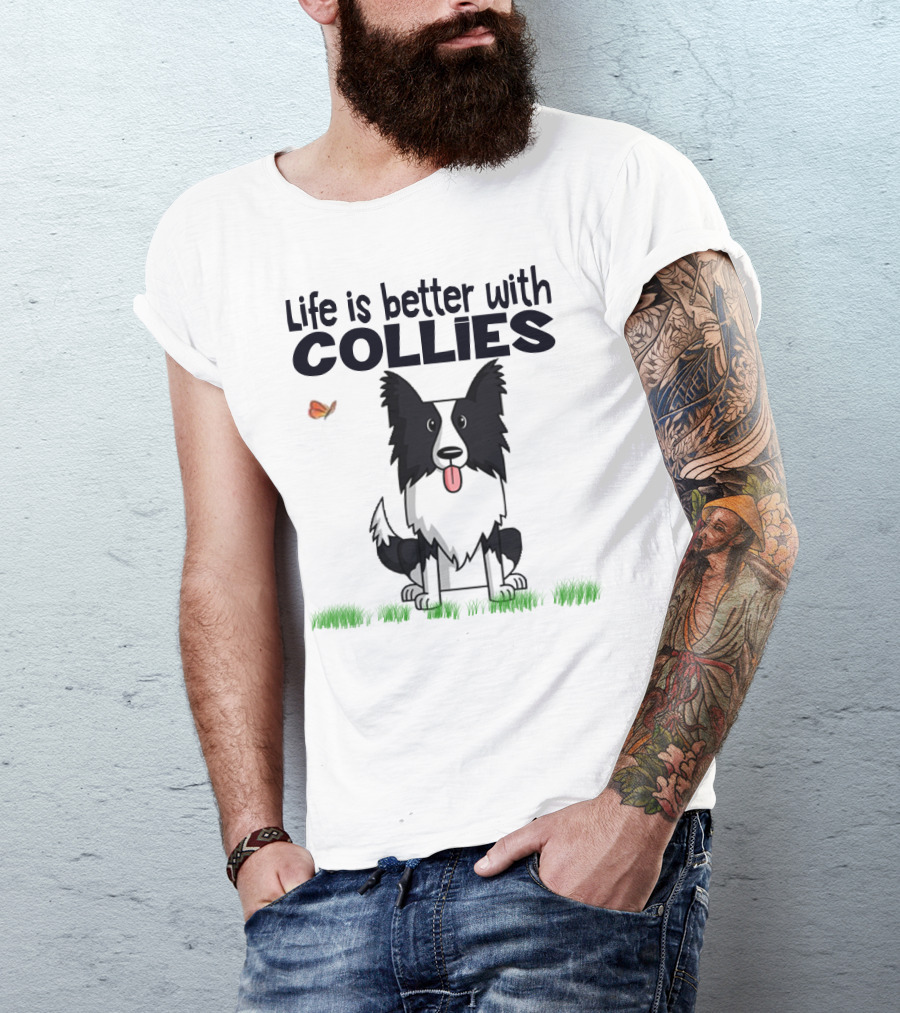 Life Is Better With Collies Cute Border Collie Illustration Butterfly And Grass T-Shirt