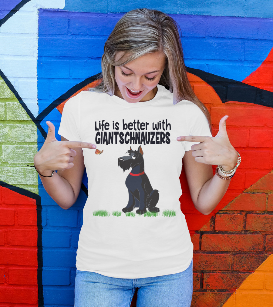 Life Is Better With Giant Schnauzers Playful Cartoon Dog And Butterfly In Grass T-Shirt