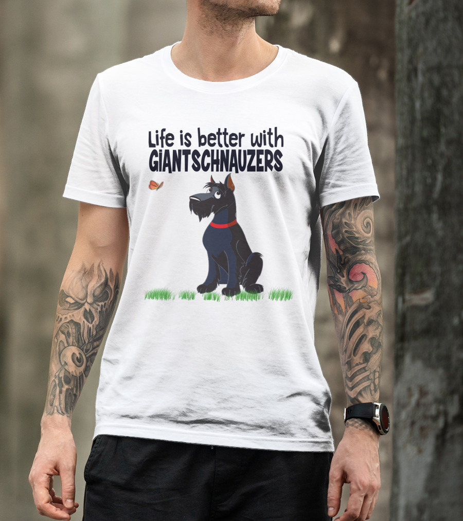 Life Is Better With Giant Schnauzers Playful Cartoon Dog And Butterfly In Grass T-Shirt