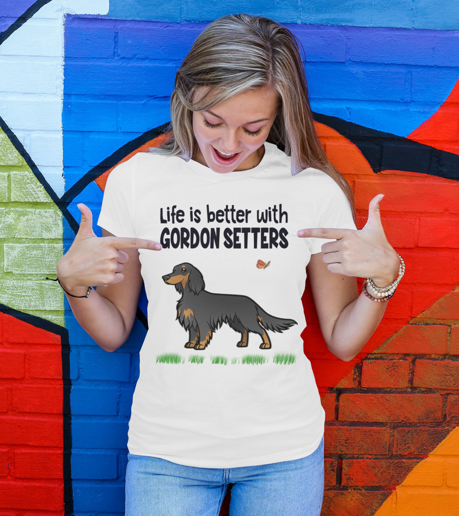 Life Is Better With Gordon Setters Charming Dog Illustration Featuring Butterfly And Grass T-Shirt