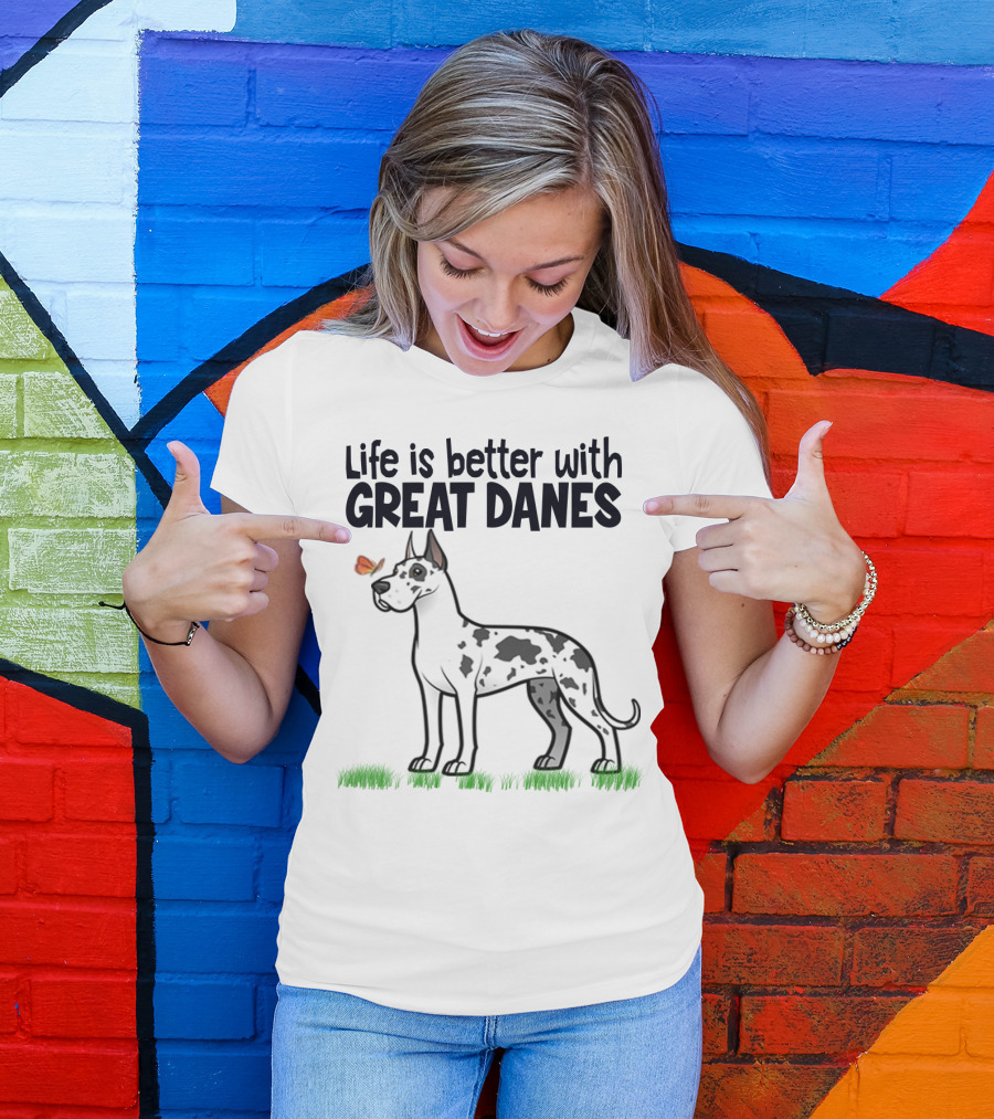 Life Is Better With Great Danes Illustrative Dog And Butterfly T-Shirt