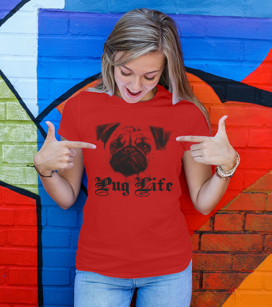 Pug Life Gothic Script With Realistic Pug T-Shirt