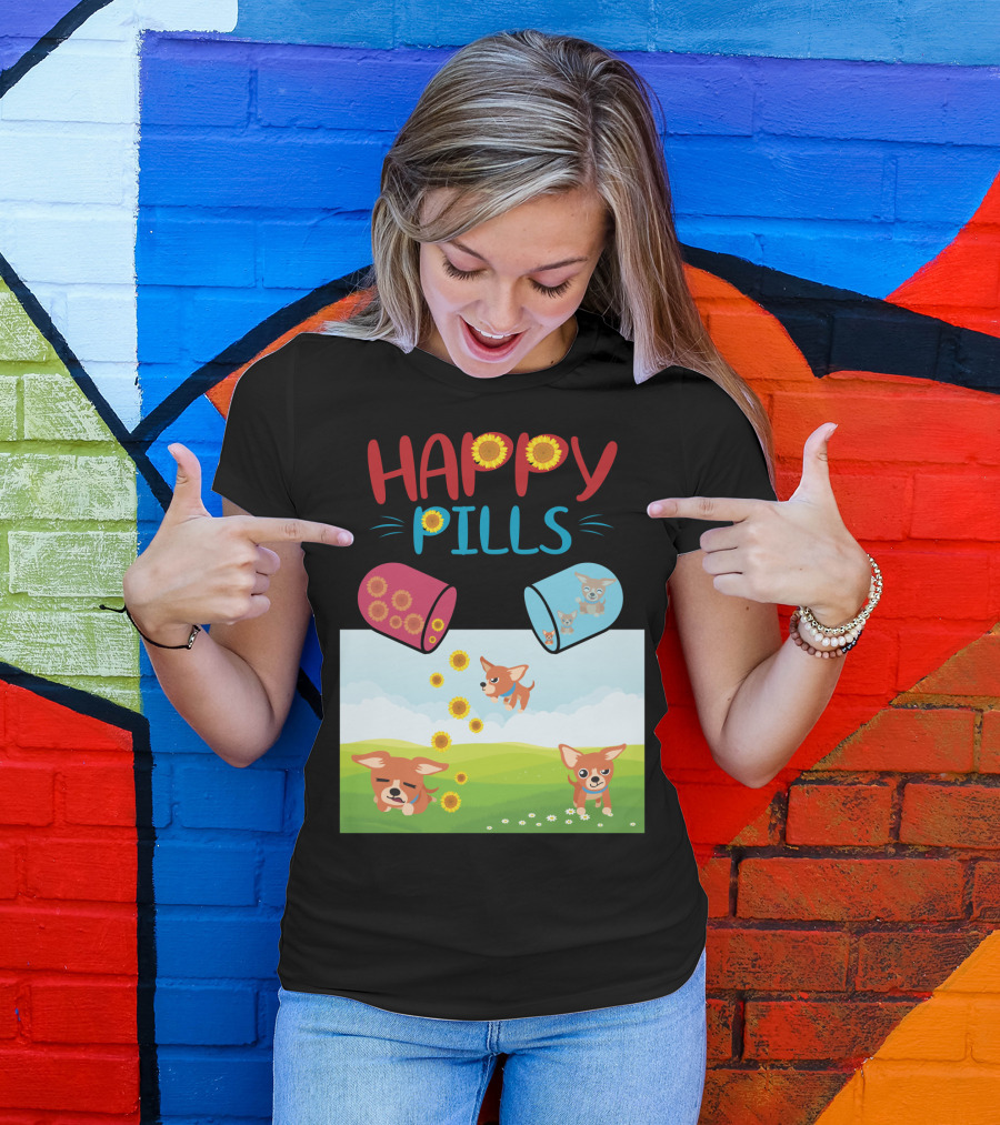 Happy Pills Chihuahuas Playing With Sunflowers T-Shirt
