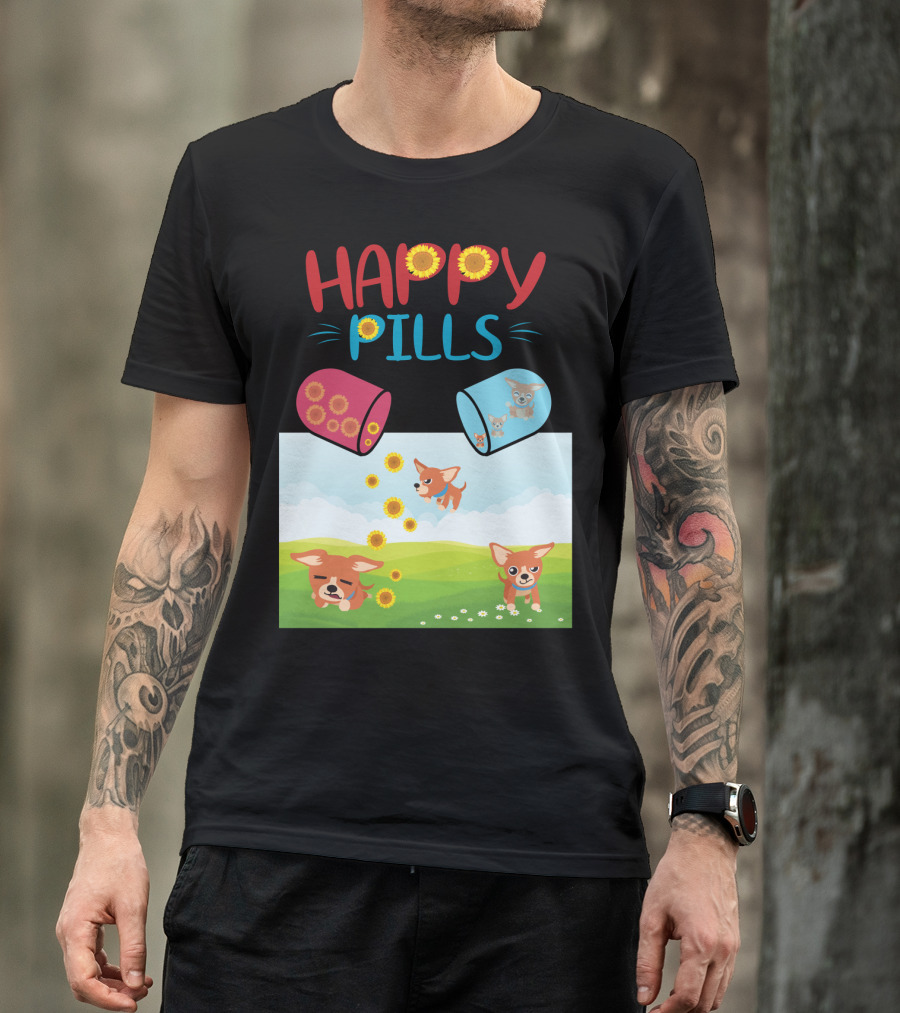 Happy Pills Chihuahuas Playing With Sunflowers T-Shirt
