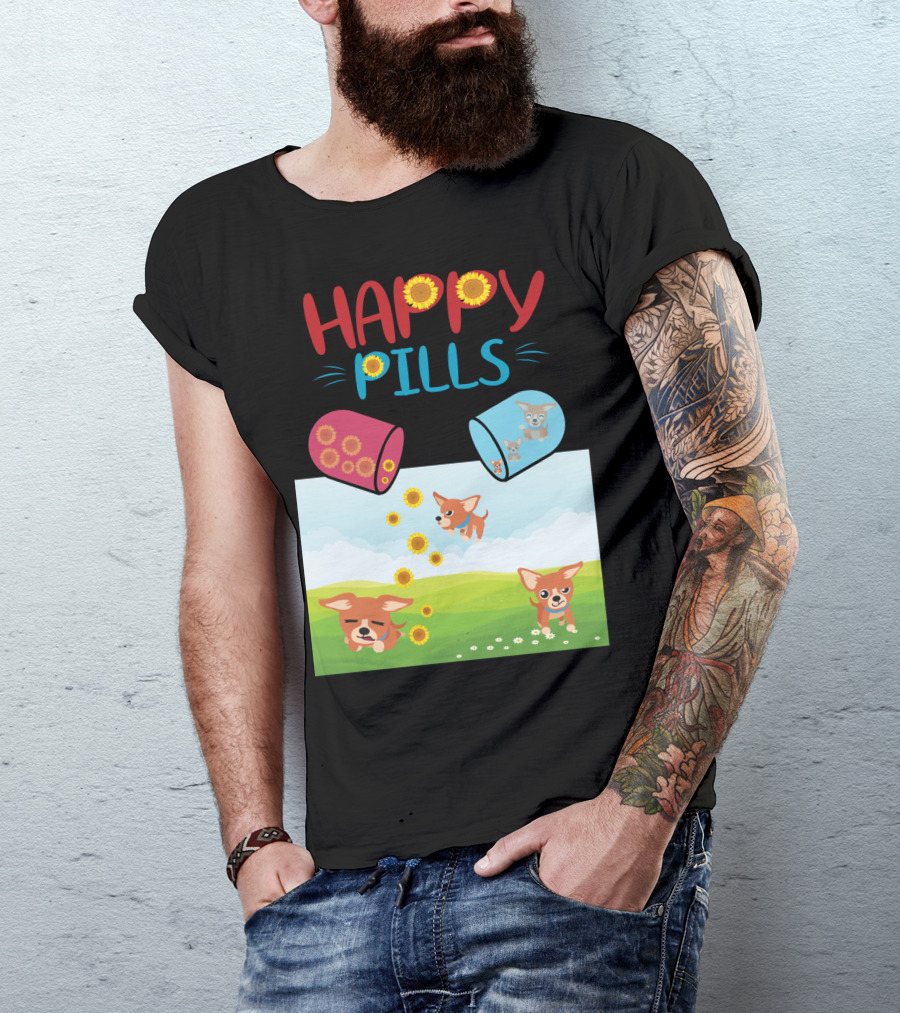Happy Pills Chihuahuas Playing With Sunflowers T-Shirt