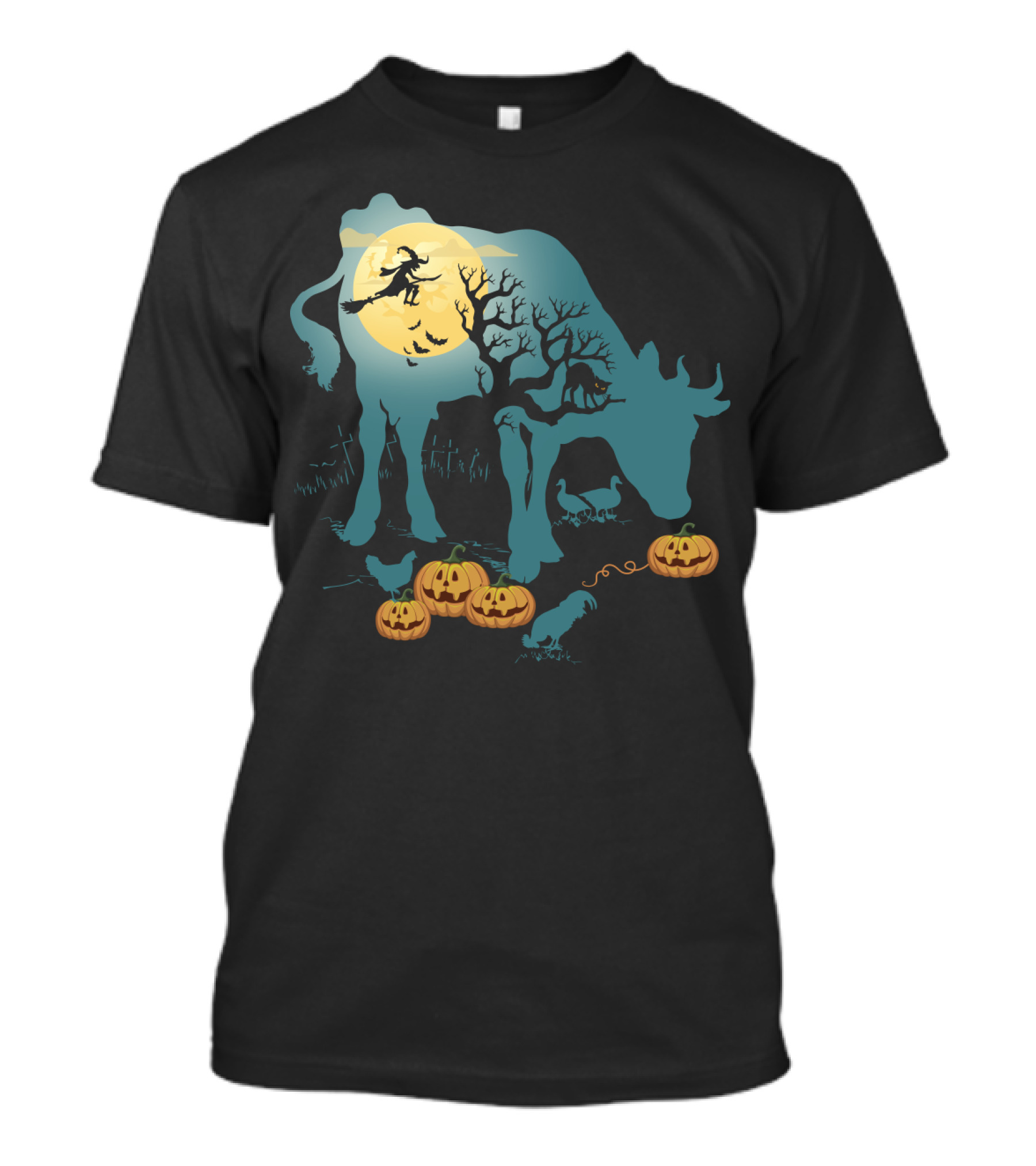 Halloween Cow Silhouette With Witch, Pumpkins, And Moonlit Scene T-Shirt