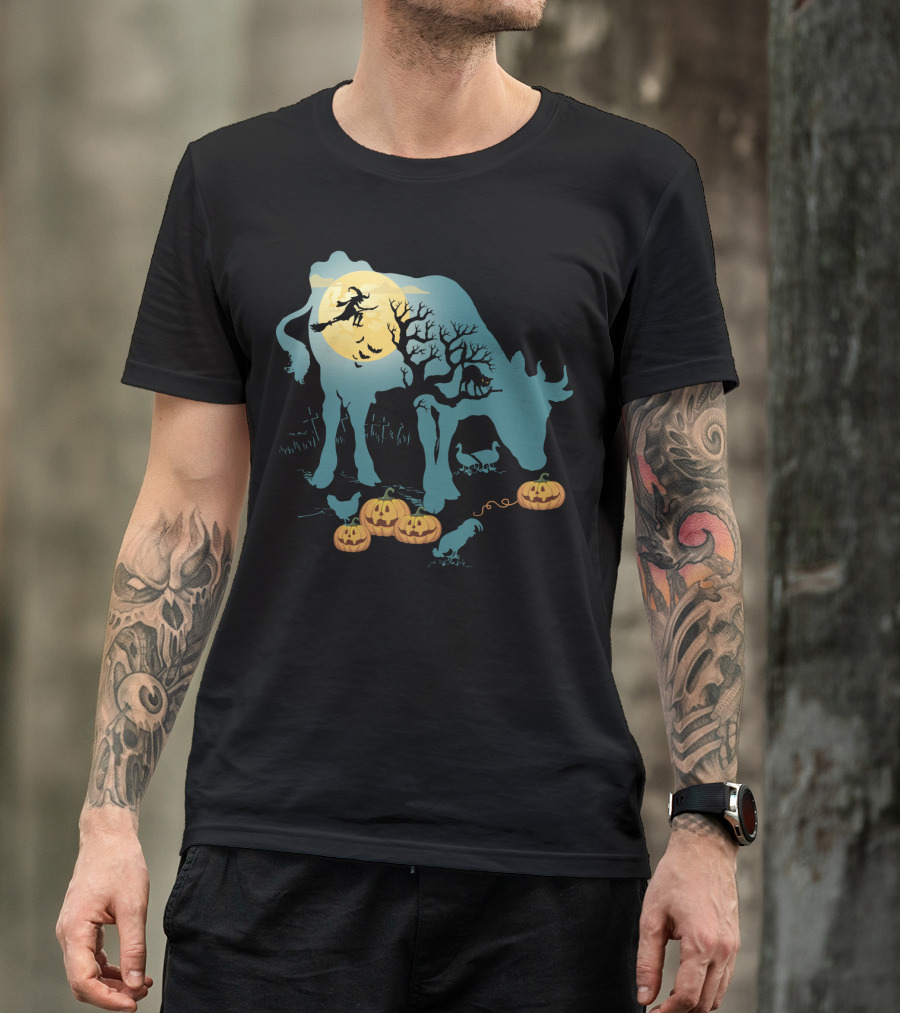 Halloween Cow Silhouette With Witch, Pumpkins, And Moonlit Scene T-Shirt