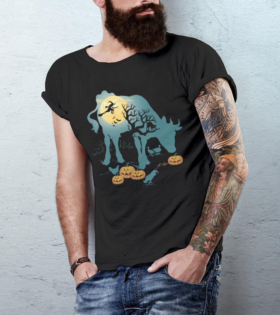 Halloween Cow Silhouette With Witch, Pumpkins, And Moonlit Scene T-Shirt