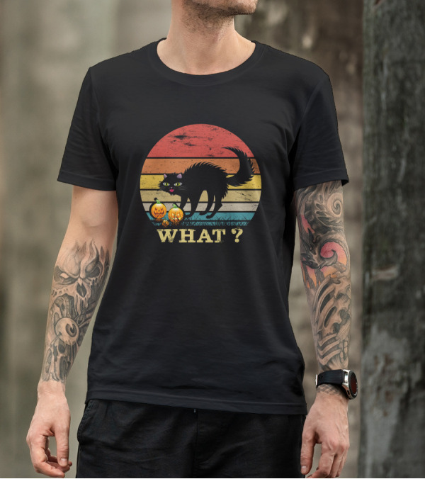 Black Cat What With Pumpkins Retro Sunset T-Shirt