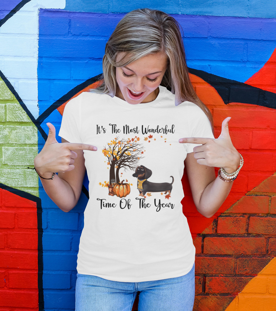 It's The Most Wonderful Time Of The Year Dachshund Halloween Pumpkin Autumn Leaves T-Shirt