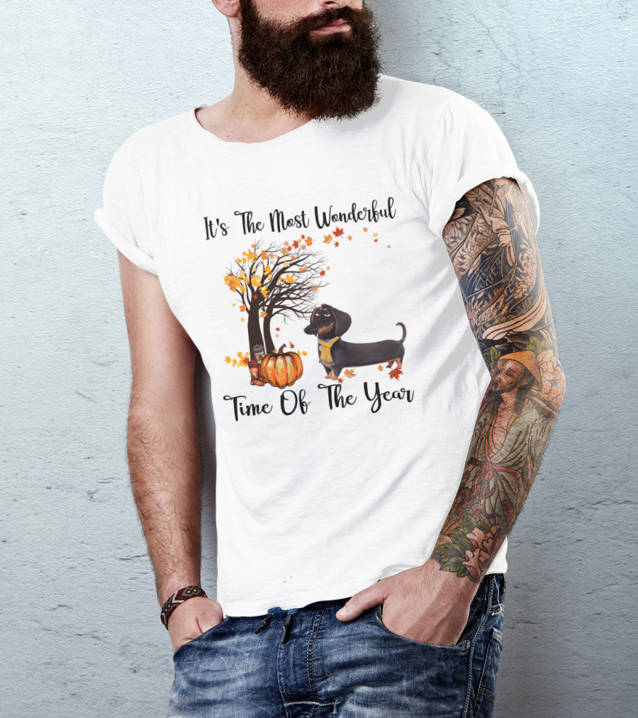 It's The Most Wonderful Time Of The Year Dachshund Halloween Pumpkin Autumn Leaves T-Shirt