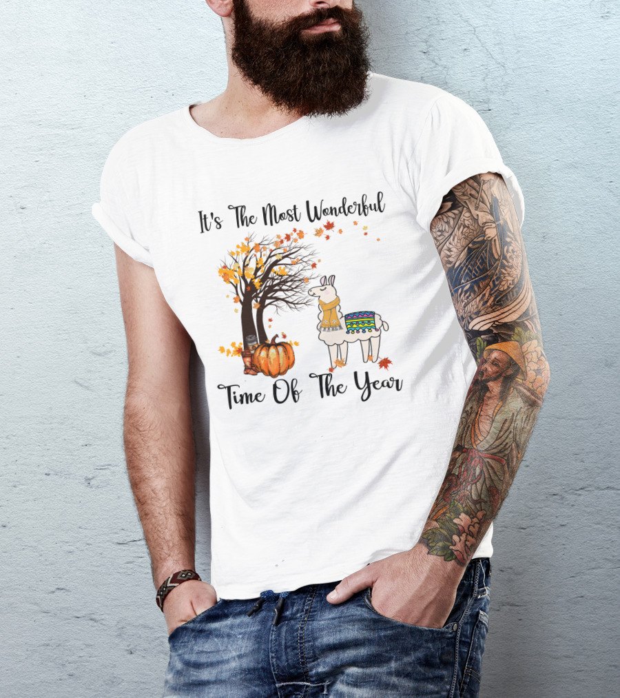 It's The Most Wonderful Time Of The Year Llama Autumn Leaves Pumpkin Tree T-Shirt