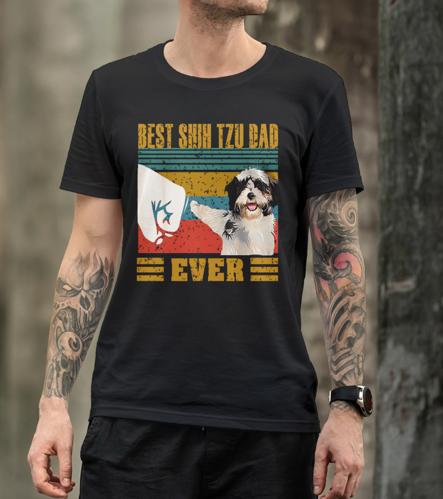 Best Shih Tzu Dad Ever Vintage Style Dog Paw Prints T-Shirt