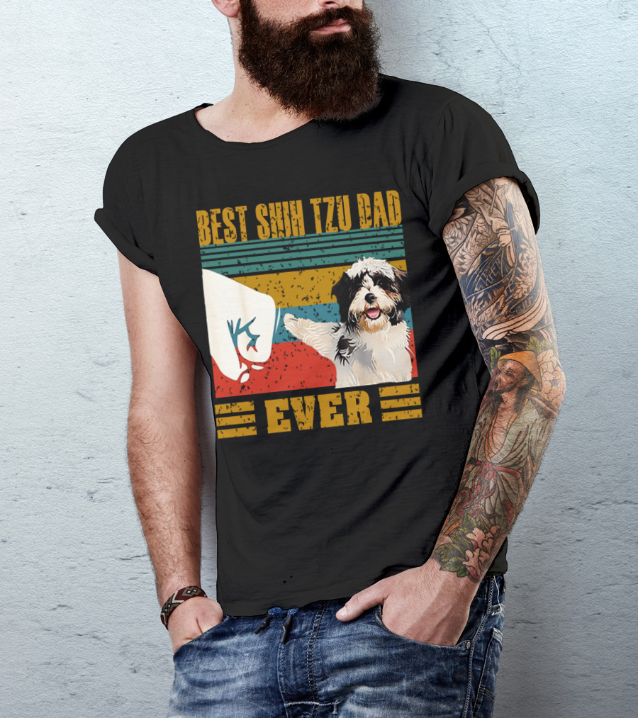 Best Shih Tzu Dad Ever Vintage Style Dog Paw Prints T-Shirt