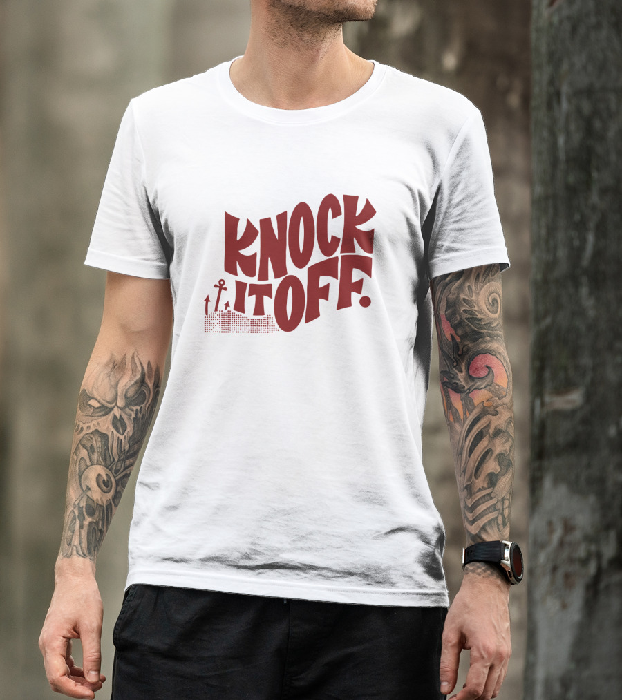 KNOCK IT OFF Lettering With Rising Arrow Figures T-Shirt