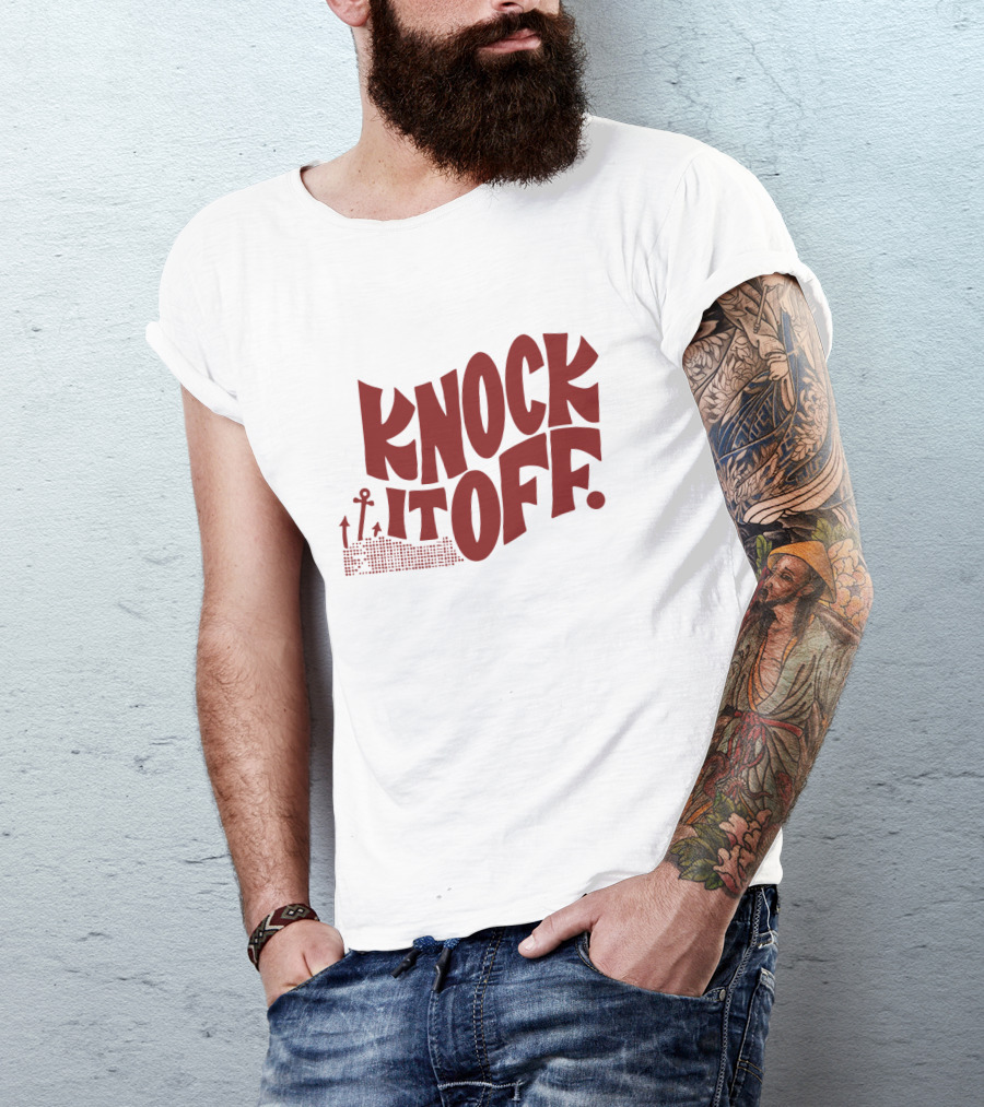 KNOCK IT OFF Lettering With Rising Arrow Figures T-Shirt