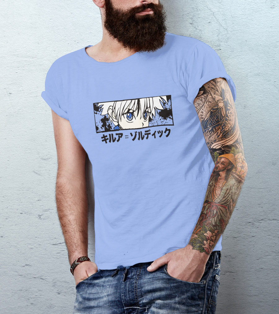 Killua Zoldyck Anime Portrait Blue Eyes Japanese Text Zumiez T-Shirt