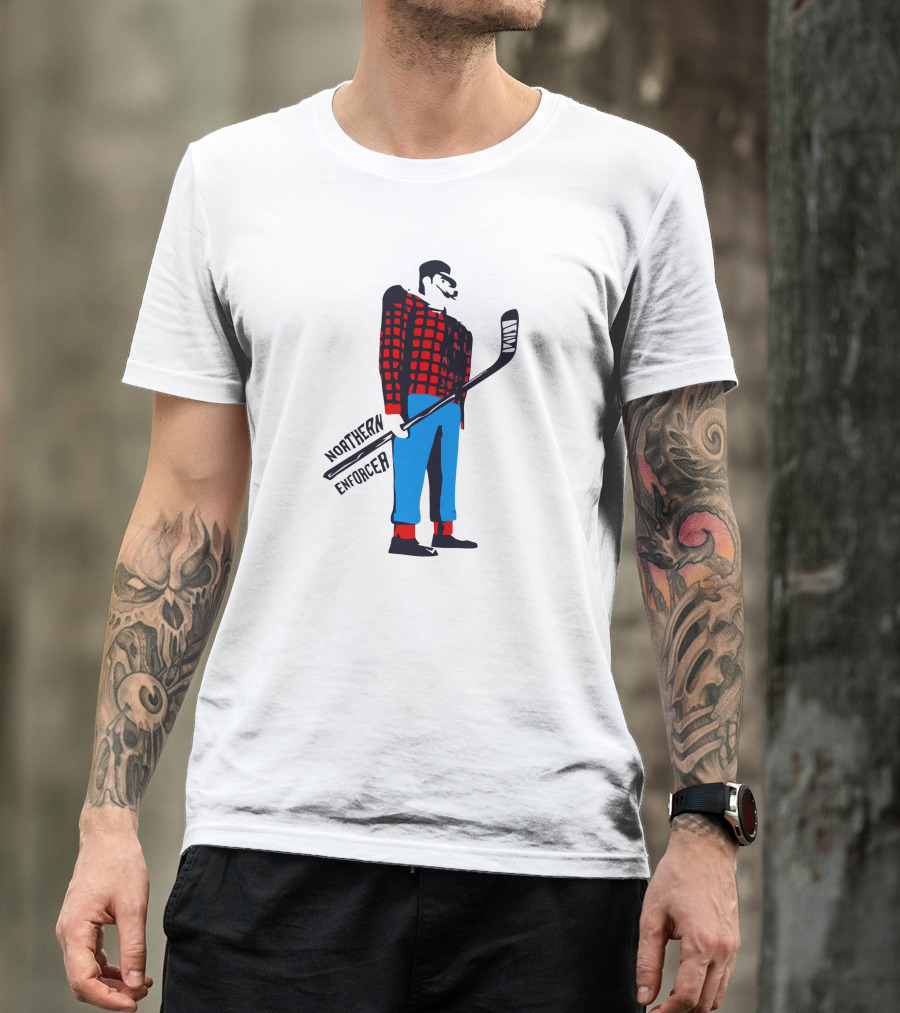 Northern Enforcer Hockey Plaid Lumberjack Player With Stick T-Shirt