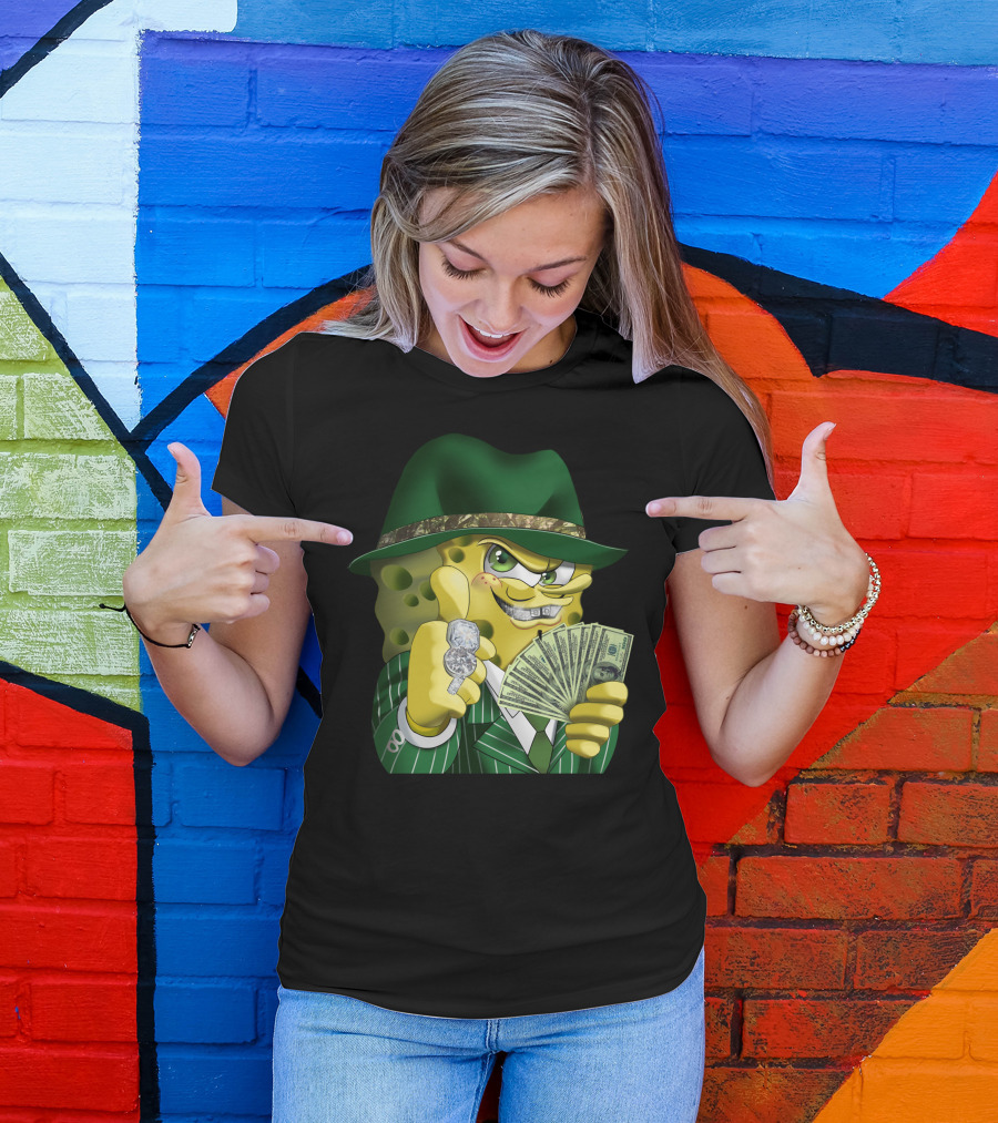 SpongeBob Gangster Style In Green Suit And Hat With Money And Diamonds T-Shirt