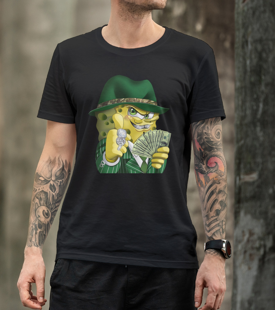 SpongeBob Gangster Style In Green Suit And Hat With Money And Diamonds T-Shirt