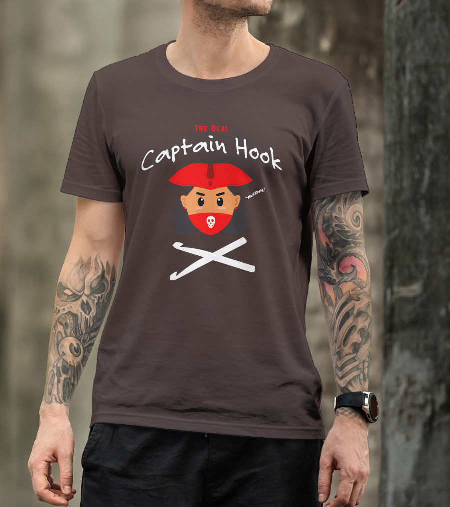 The Real Captain Hook Yarrnn Skull Red Hat Pirate Face Crossed Needles T-Shirt