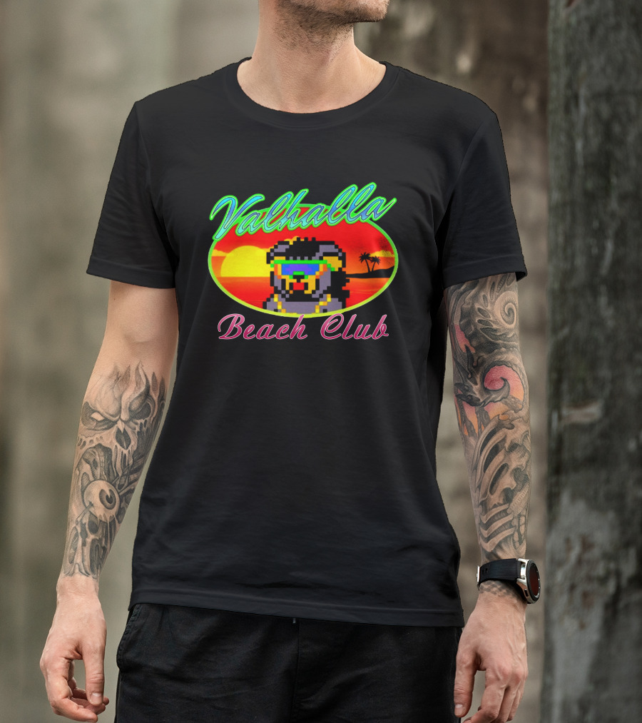 Valhalla Beach Club 80s Retro Pixel Sunset And Palm Trees T-Shirt