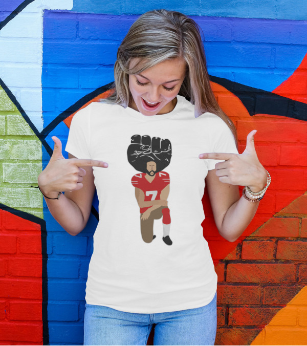 Colin Kaepernick Kneeling With Raised Fist And Red Football Jersey Number 7 T-Shirt
