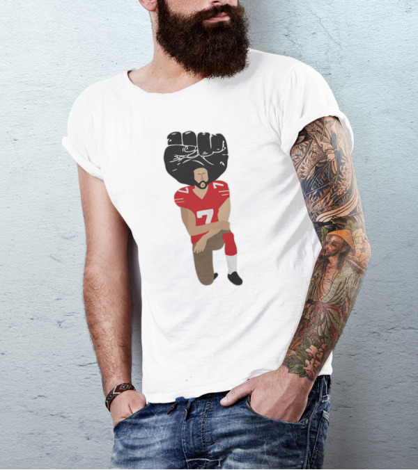Colin Kaepernick Kneeling With Raised Fist And Red Football Jersey Number 7 T-Shirt