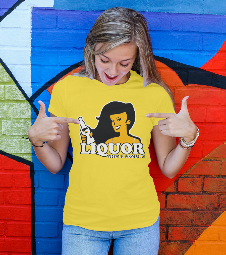 Liquor She'll Love It Retro Pin-Up Style Woman Holding Bottle T-Shirt