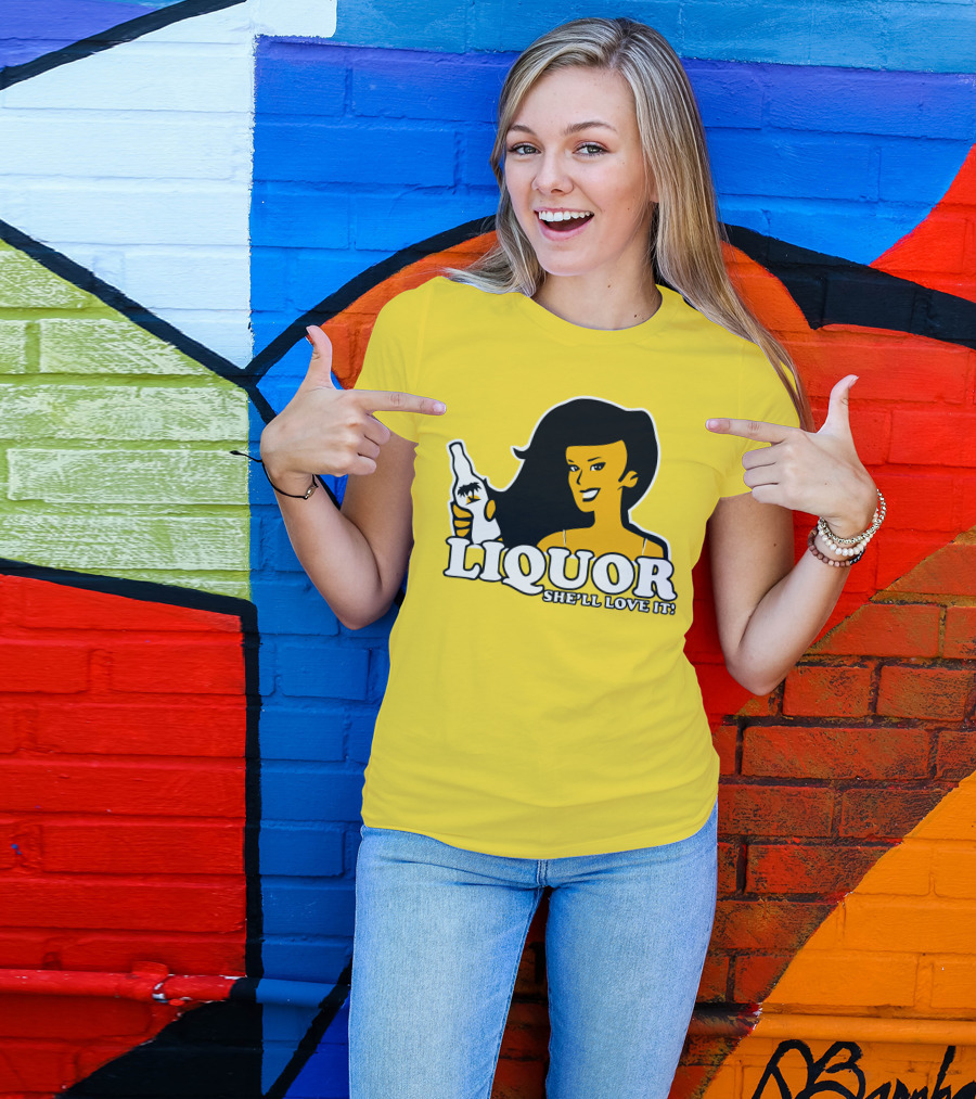 Liquor She'll Love It Retro Pin-Up Style Woman Holding Bottle T-Shirt