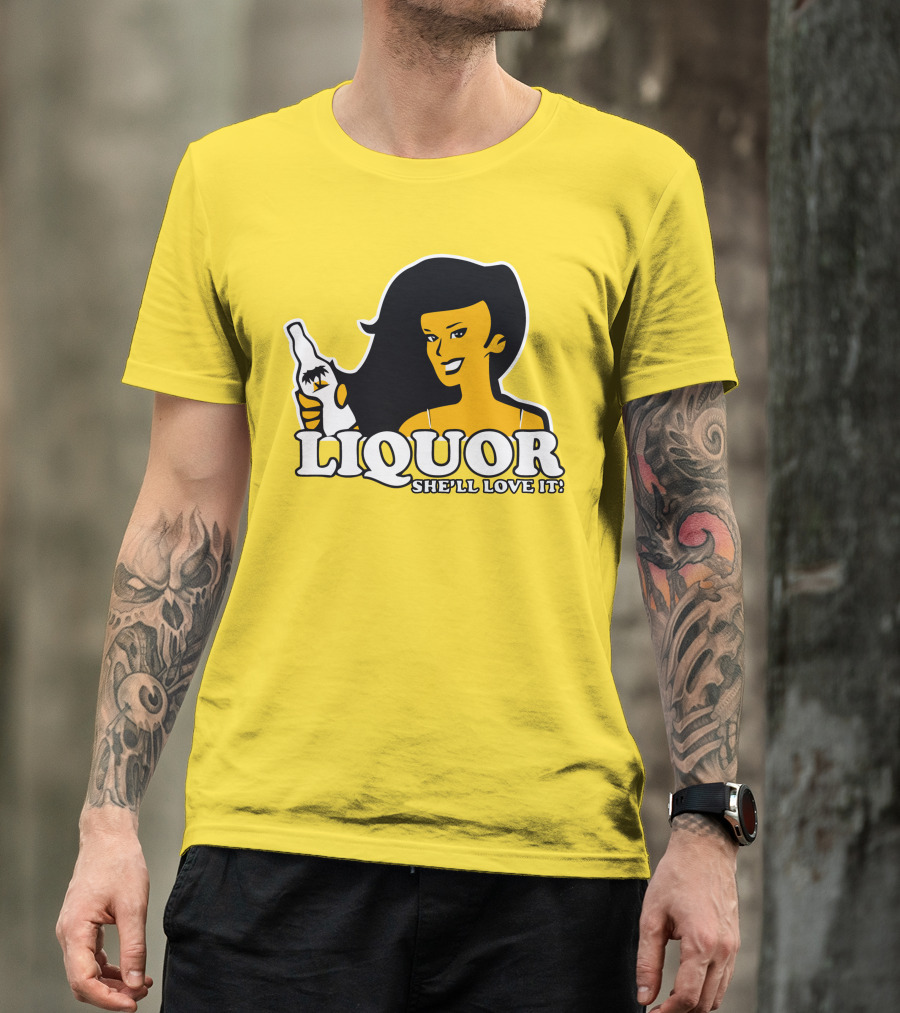 Liquor She'll Love It Retro Pin-Up Style Woman Holding Bottle T-Shirt