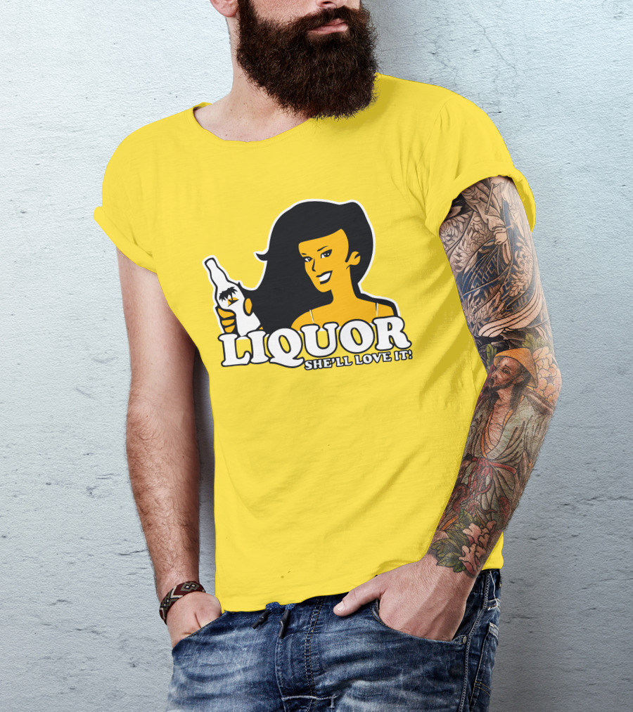Liquor She'll Love It Retro Pin-Up Style Woman Holding Bottle T-Shirt