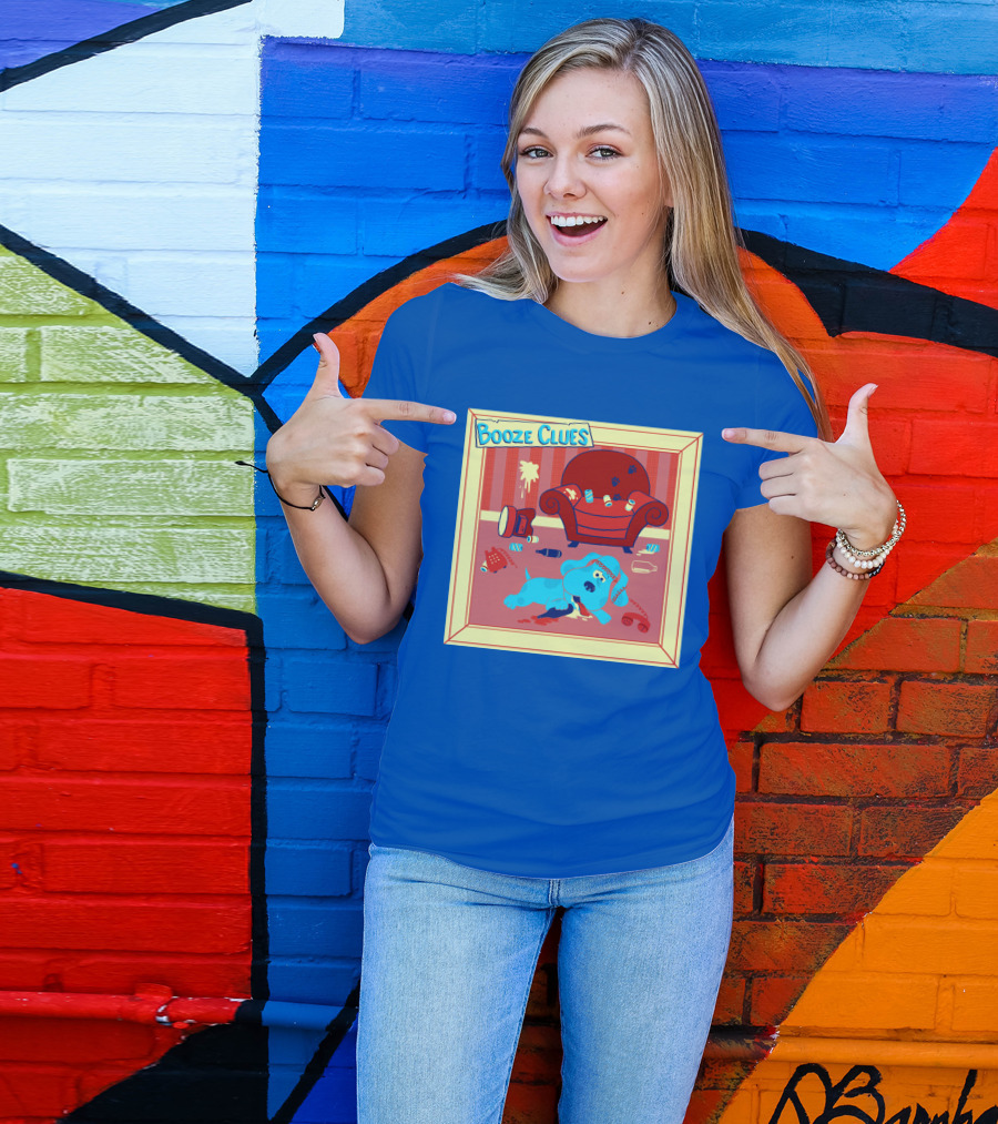 Booze Clues Blue Dog Party Mess With Cans And Couch T-Shirt
