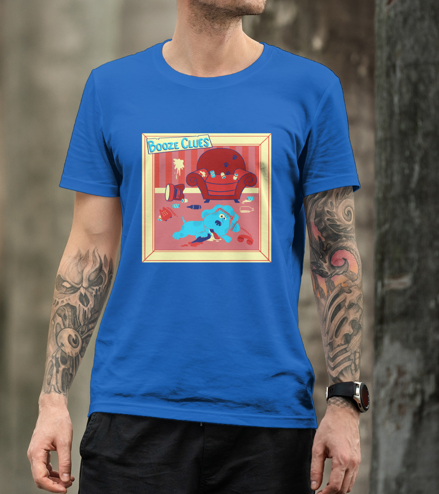 Booze Clues Blue Dog Party Mess With Cans And Couch T-Shirt