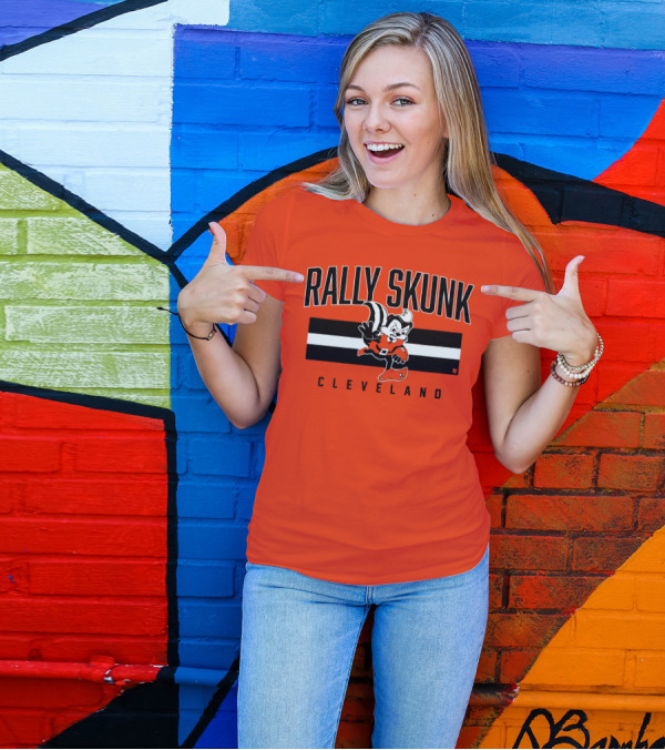 Cleveland Rally Skunk Football Character Sporting Orange Helmets T-Shirt
