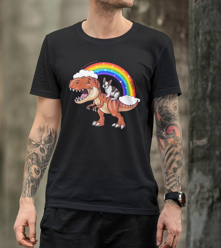 French Bulldog Riding Dinosaur With Rainbow And Clouds T-Shirt