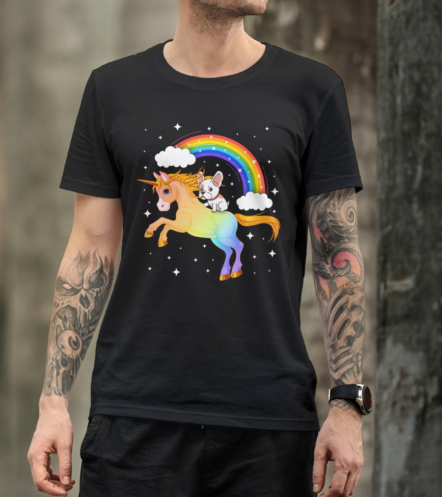 French Bulldog Riding Rainbow Unicorn With Stars And Clouds T-Shirt