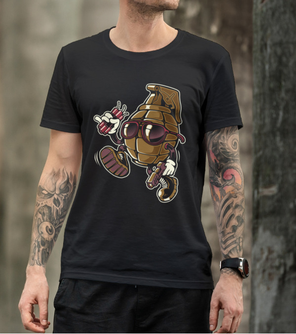 Grenade Sunglasses Walking Character With Dynamite And Gun T-Shirt