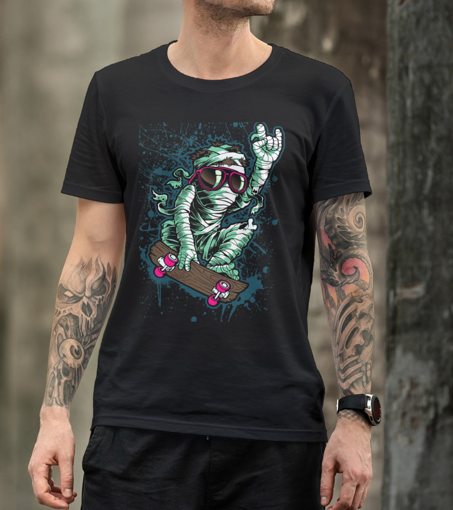 Return Mummy Skateboarding With Sunglasses Rock Hand Gesture T-Shirt